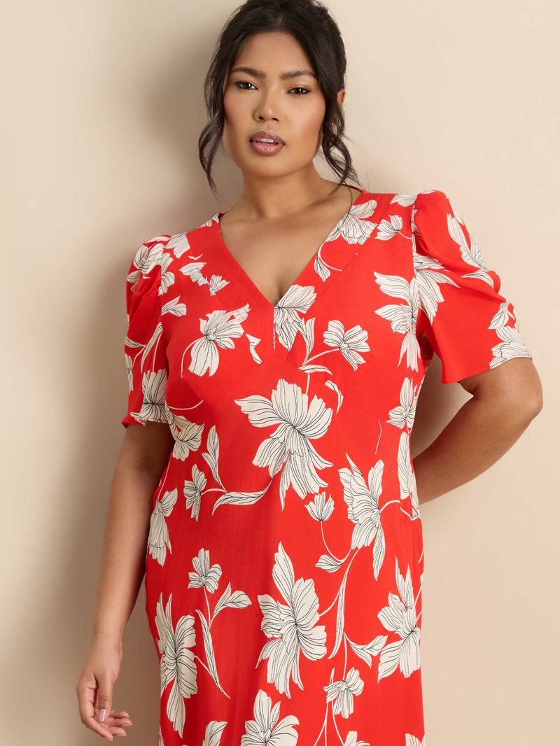Red Floral V-Neck Puff Sleeve Midi Dress