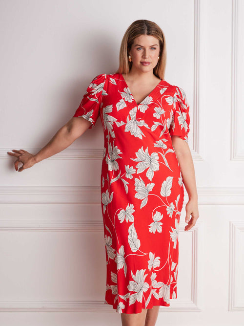 Petite Red Floral V-Neck Puff Sleeve Midi Dress