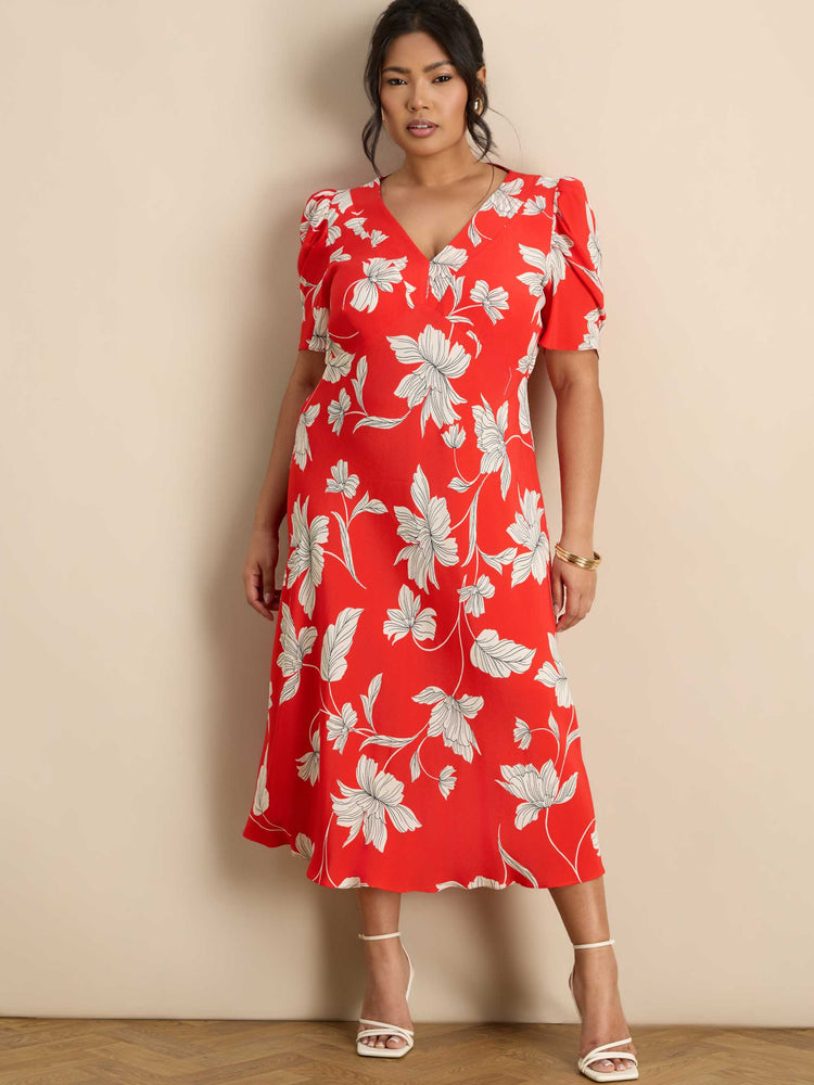 Petite Red Floral V-Neck Puff Sleeve Midi Dress