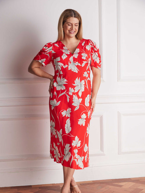 Petite Red Floral V-Neck Puff Sleeve Midi Dress