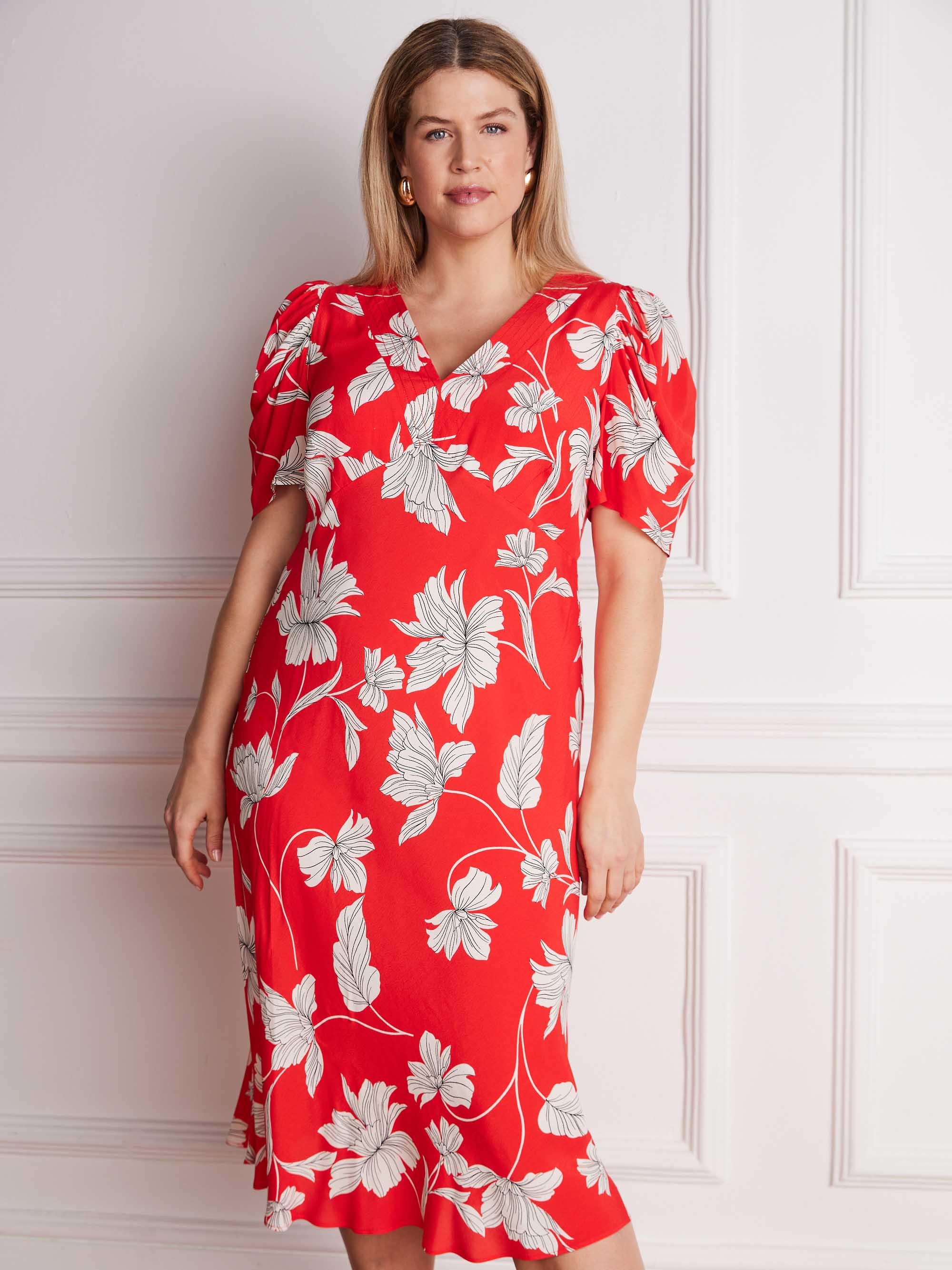 Petite Red Floral V-Neck Puff Sleeve Midi Dress