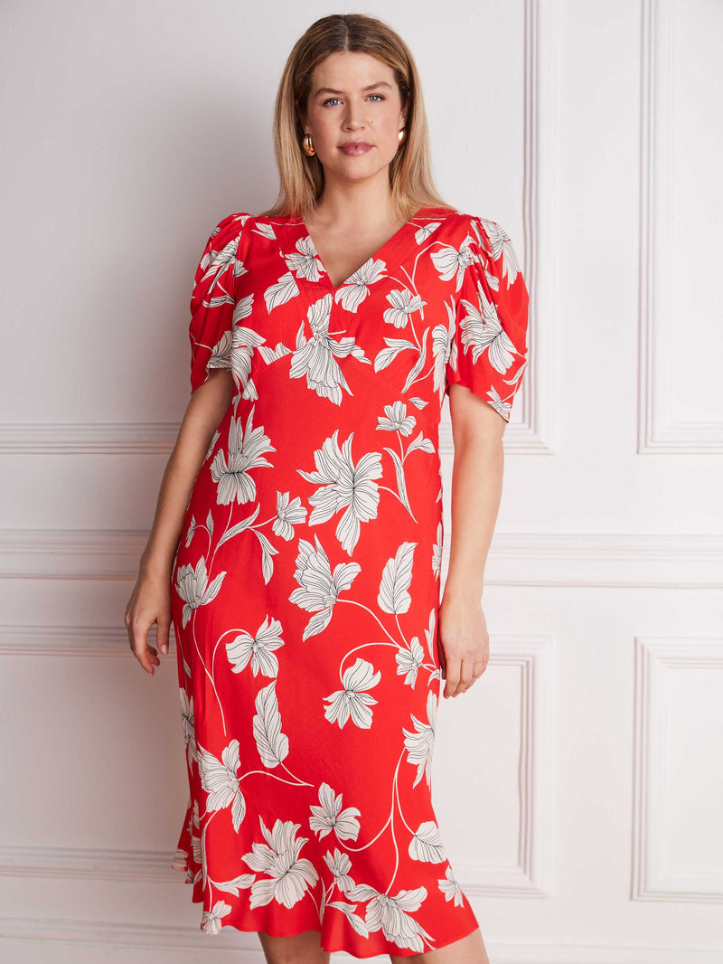 Petite Red Floral V-Neck Puff Sleeve Midi Dress