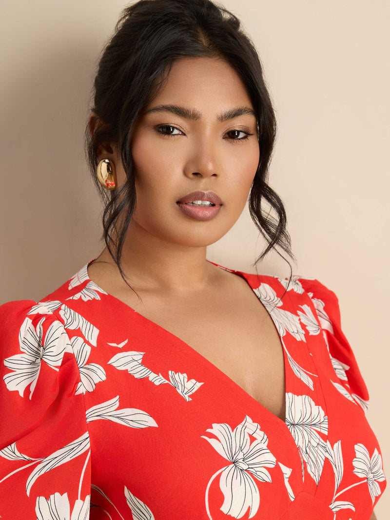 Red Floral V-Neck Puff Sleeve Midi Dress