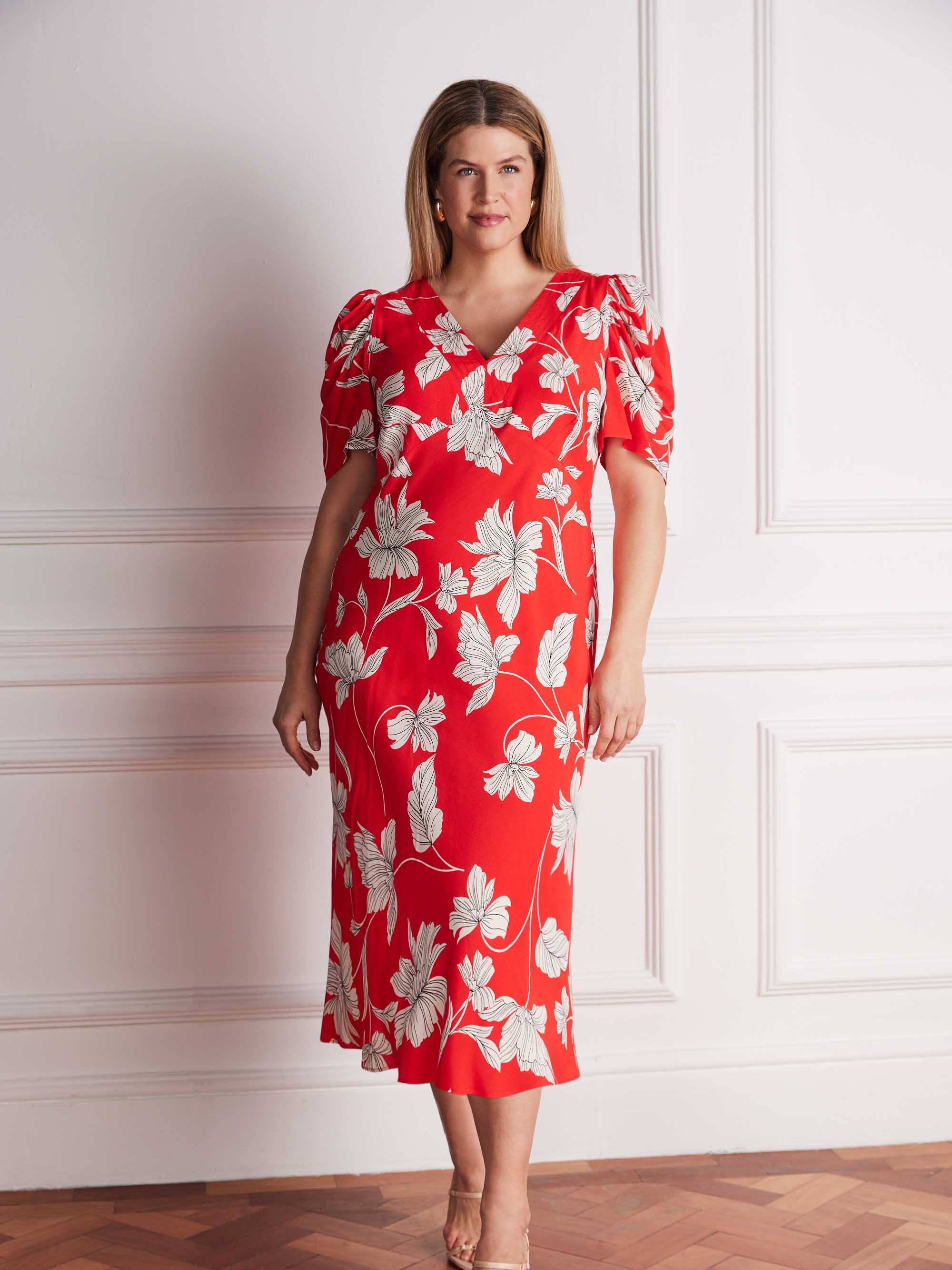 Petite Red Floral V-Neck Puff Sleeve Midi Dress