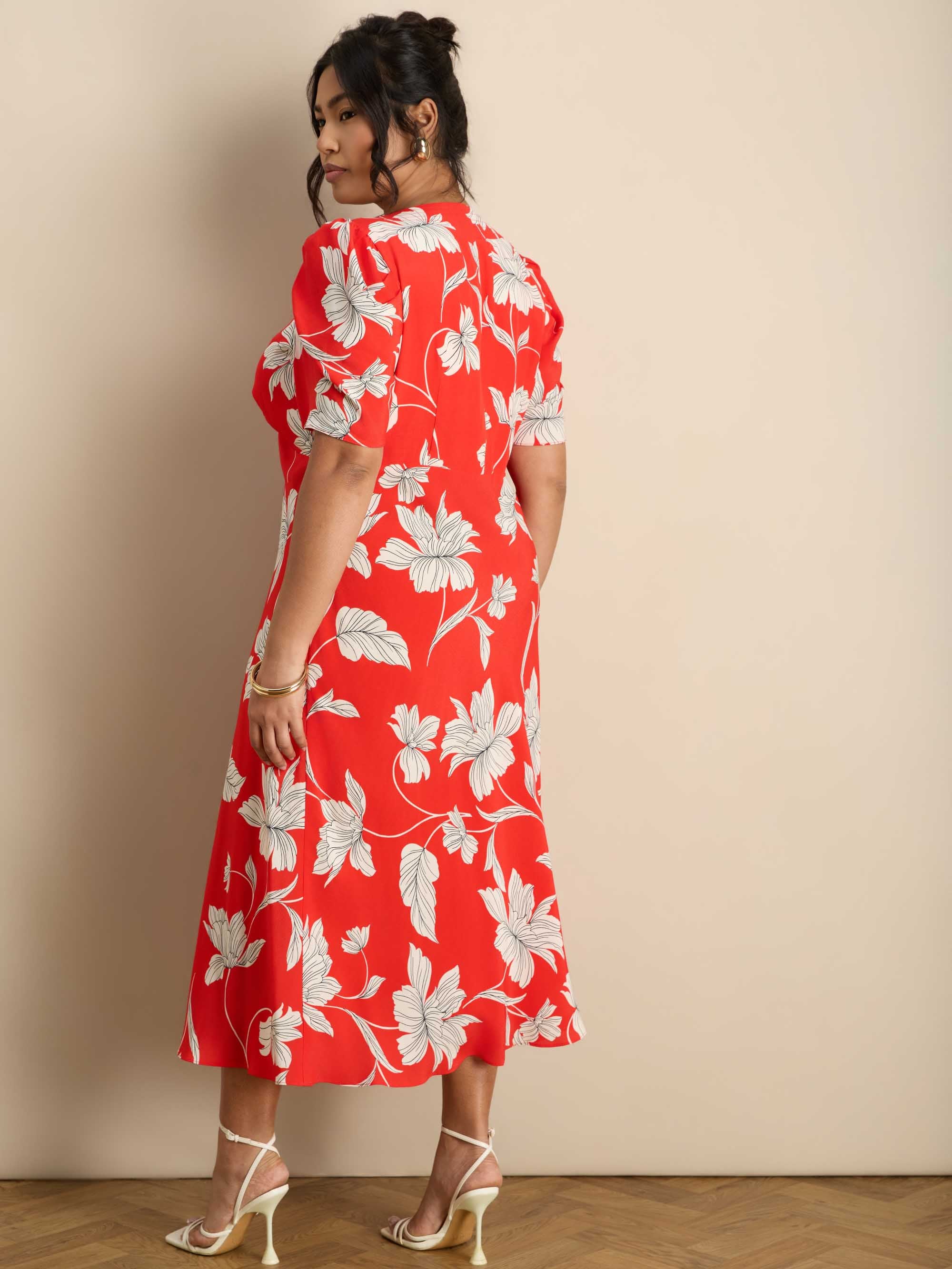Petite Red Floral V-Neck Puff Sleeve Midi Dress