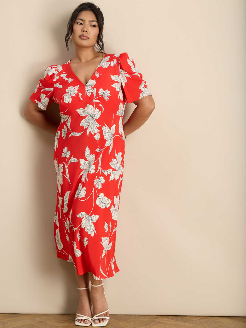 Red Floral V-Neck Puff Sleeve Midi Dress