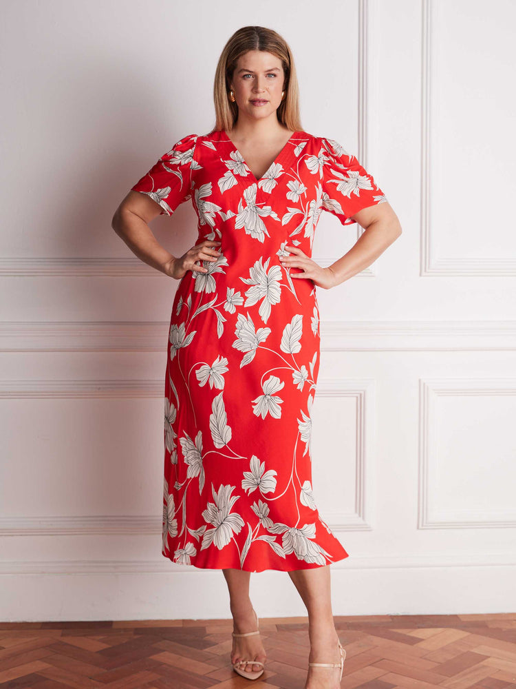Petite Red Floral V-Neck Puff Sleeve Midi Dress