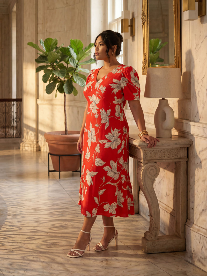 Red Floral V-Neck Puff Sleeve Midi Dress