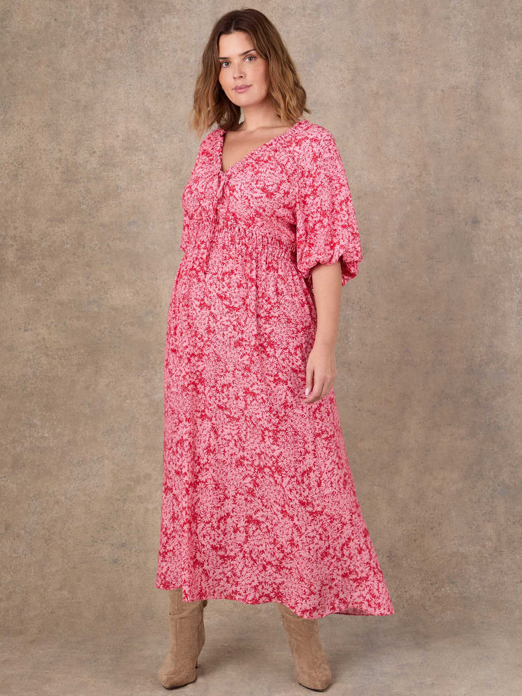 Pink floral print puff sleeve dress with elasticated waist