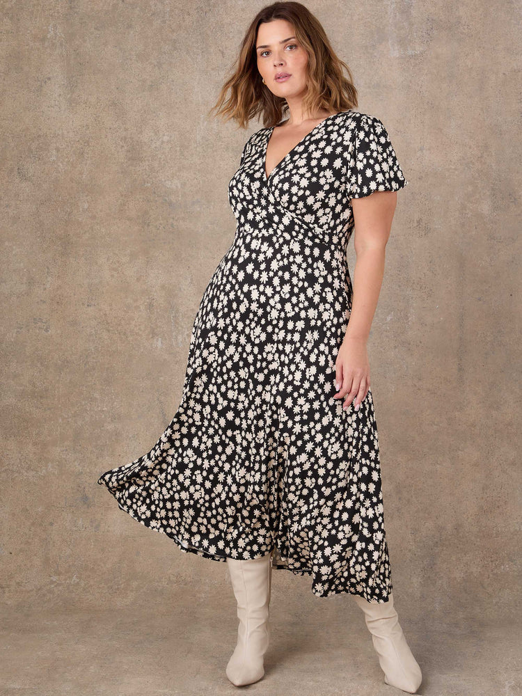 Black Ditsy Print Wrap Front Midi Dress with Short Sleeves