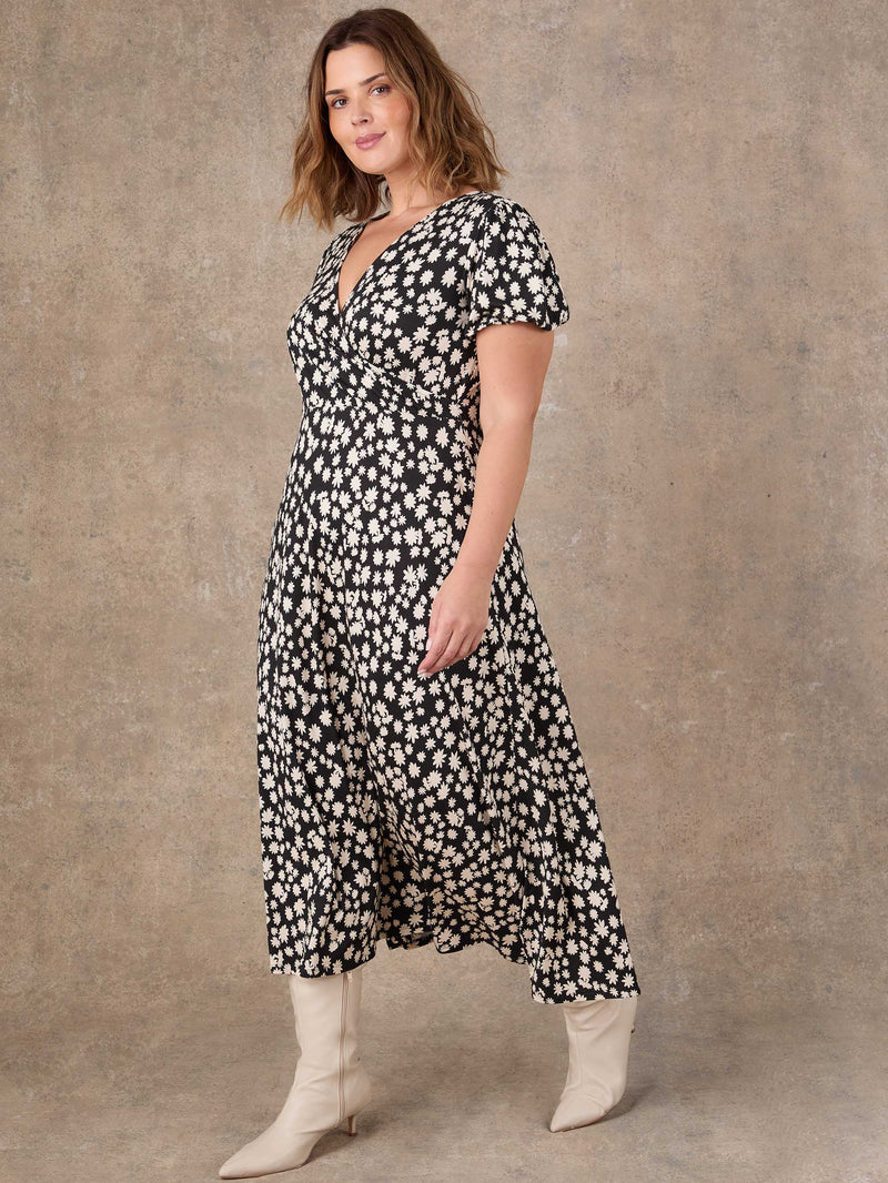 Black and cream ditsy floral wrap dress with V-neck