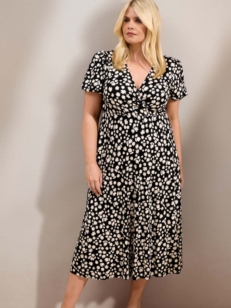 Black Ditsy Print Wrap Front Midi Dress with Short Sleeves