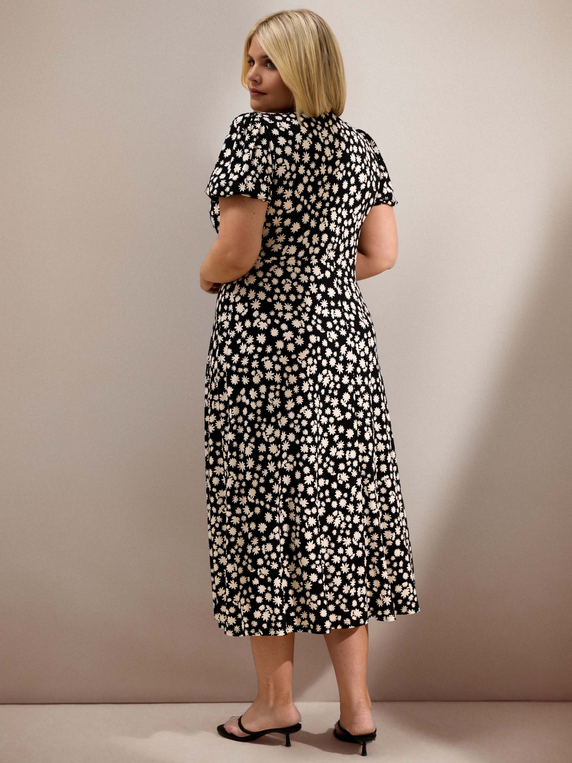 Black Ditsy Print Wrap Front Midi Dress with Short Sleeves