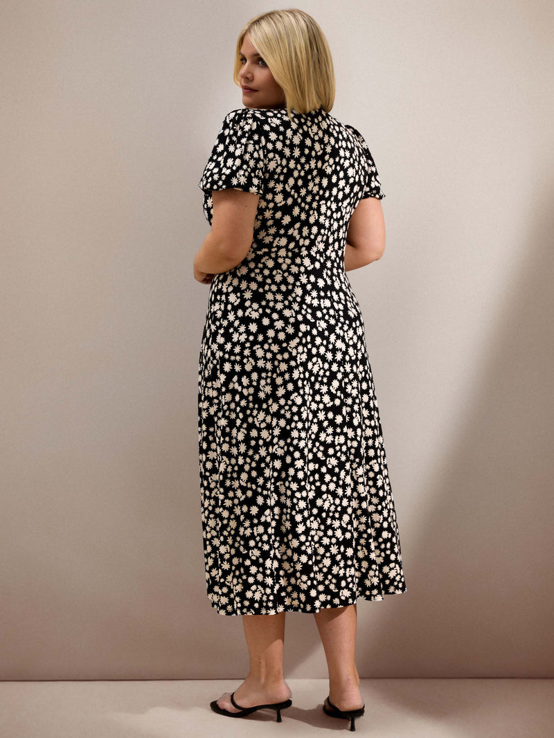 Black Ditsy Print Wrap Front Midi Dress with Short Sleeves