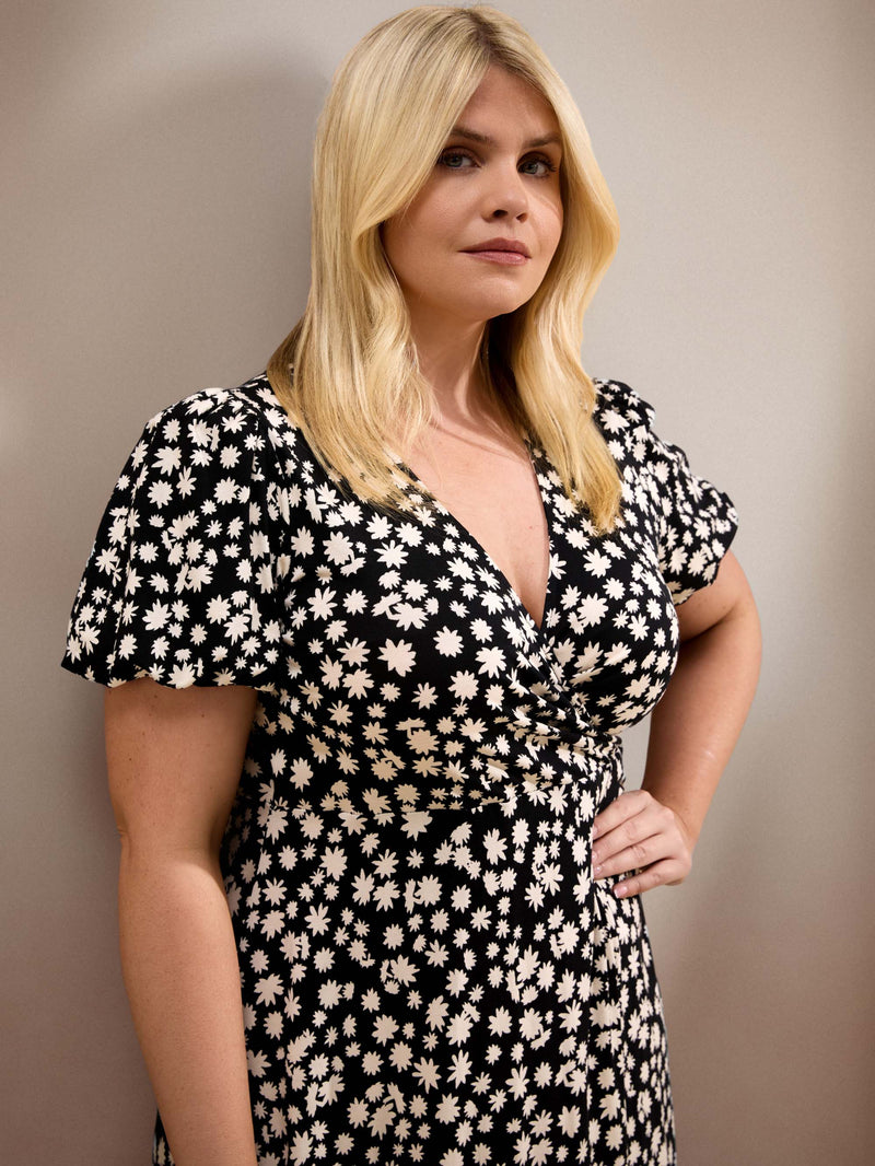 Black Ditsy Print Wrap Front Midi Dress with Short Sleeves