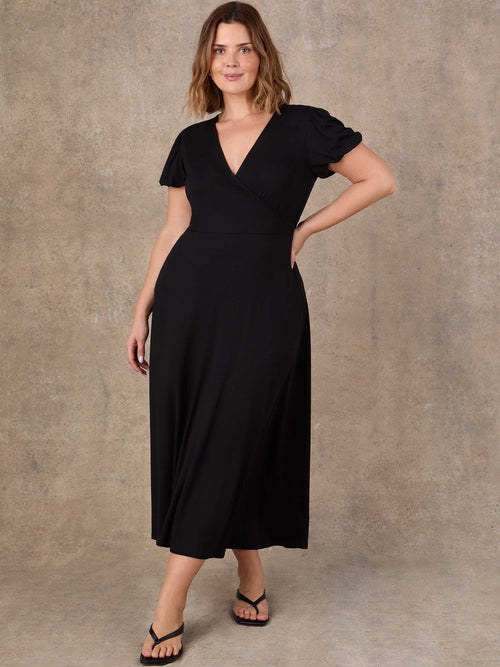 Petite Black Wrap Front Midi Dress with Short Sleeves