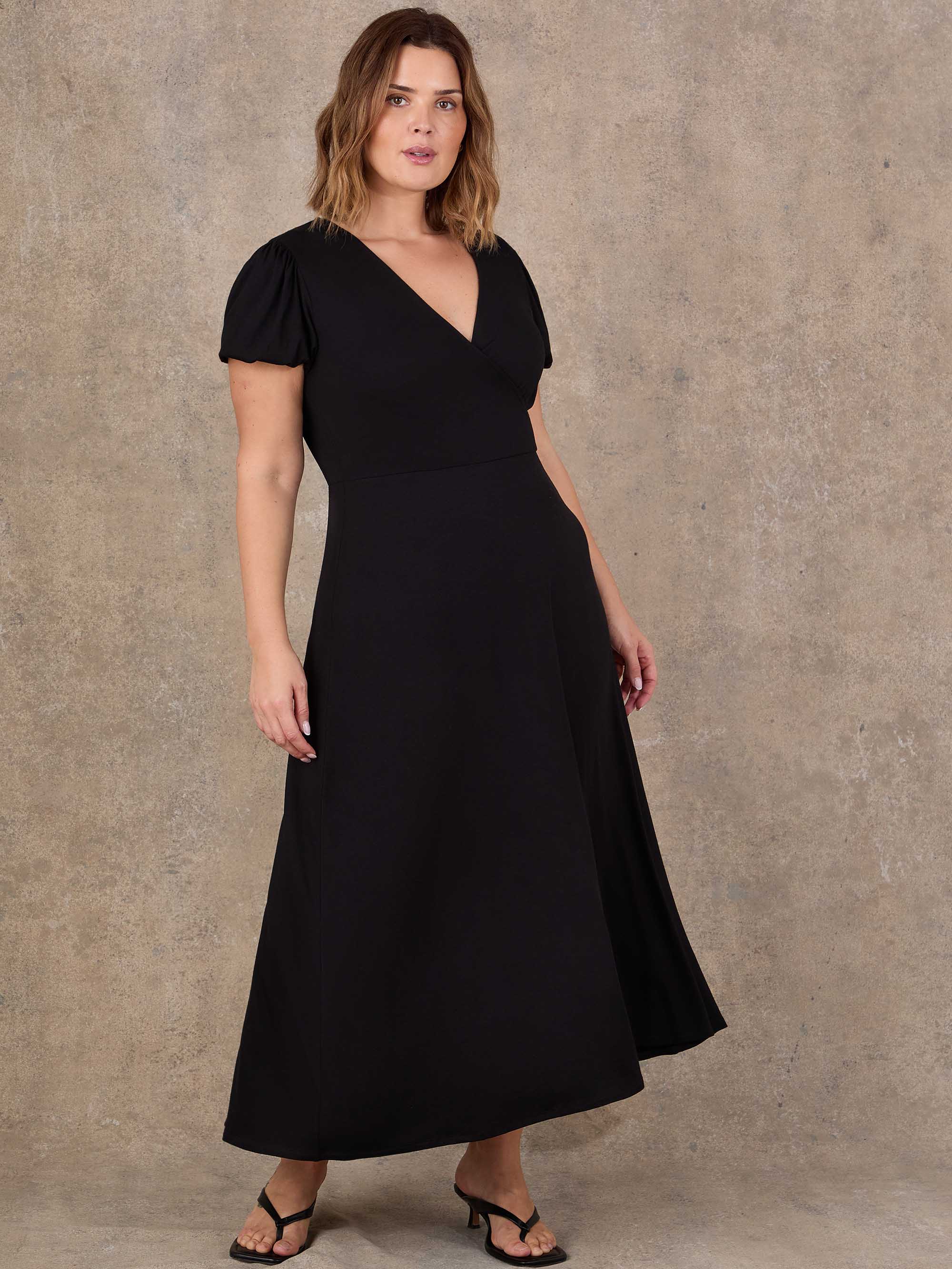 Petite Black Wrap Front Midi Dress with Short Sleeves