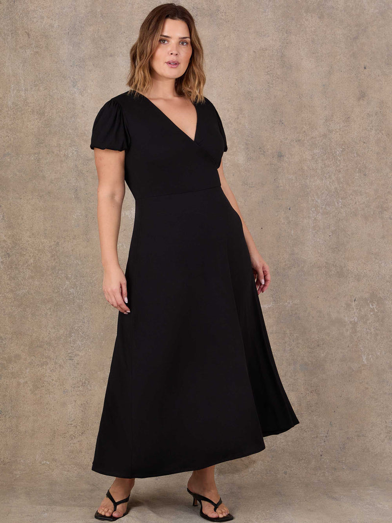 Petite Black Wrap Front Midi Dress with Short Sleeves