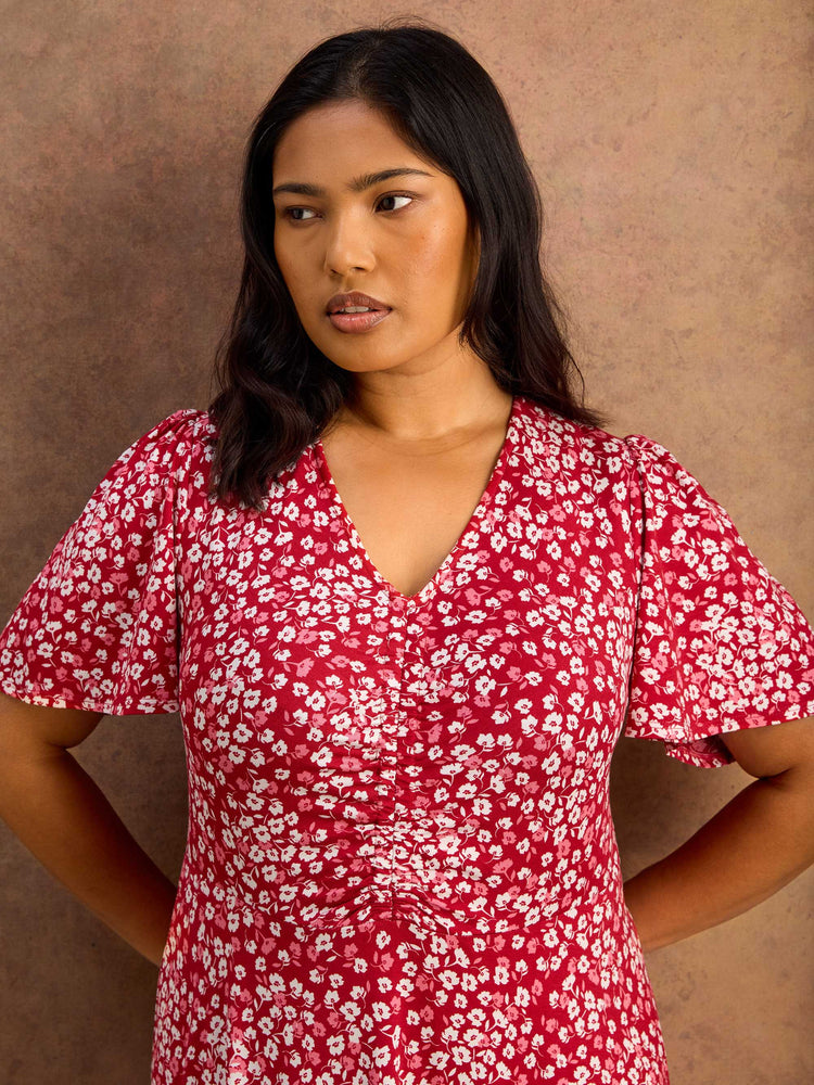 Red Ditsy Print Jersey Ruched Short Sleeve Dress