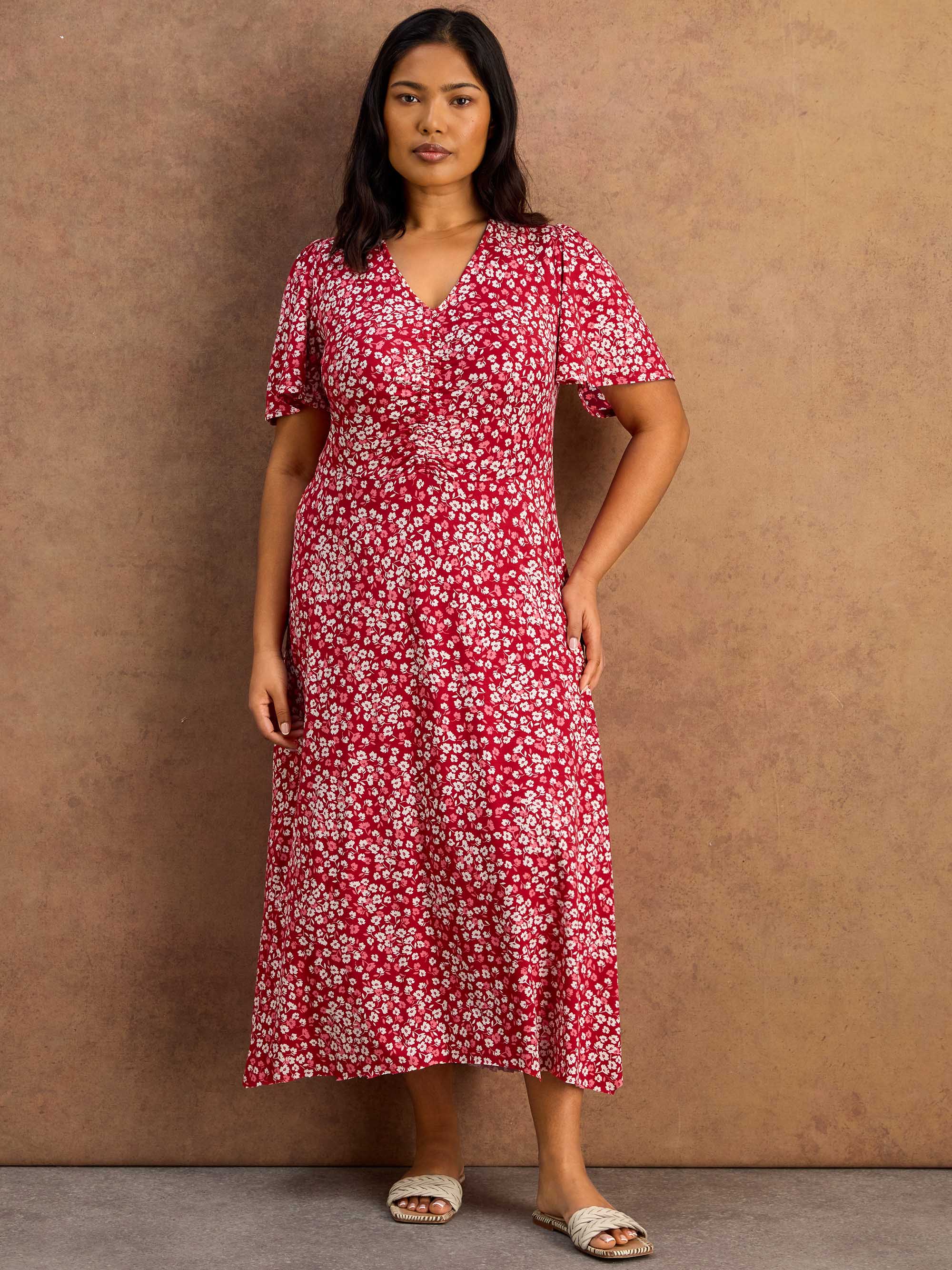Red Ditsy Print Jersey Ruched Short Sleeve Dress
