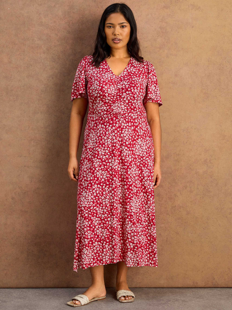 Red Ditsy Print Jersey Ruched Short Sleeve Dress