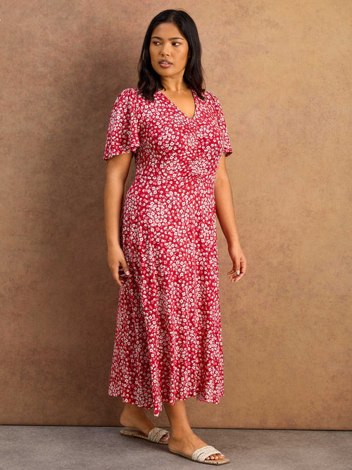 Red Ditsy Print Jersey Ruched Short Sleeve Dress