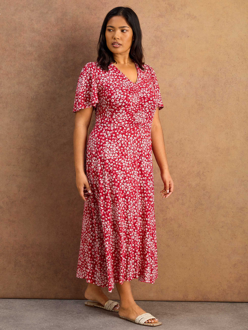 Red Ditsy Print Jersey Ruched Short Sleeve Dress