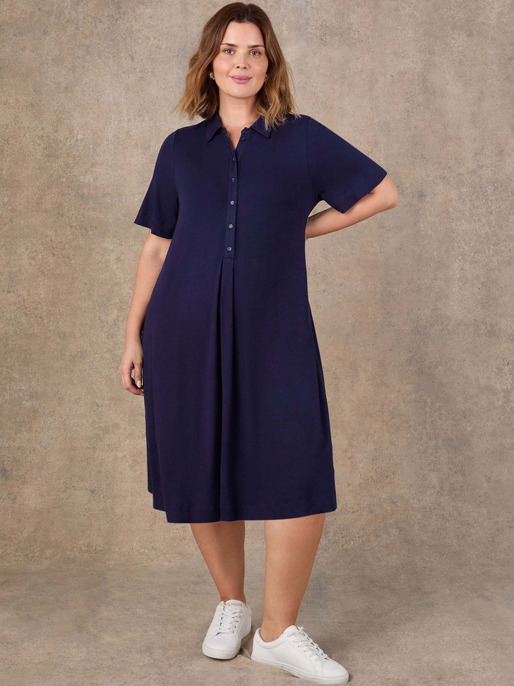 Navy jersey shirt dress with collar and short sleeves