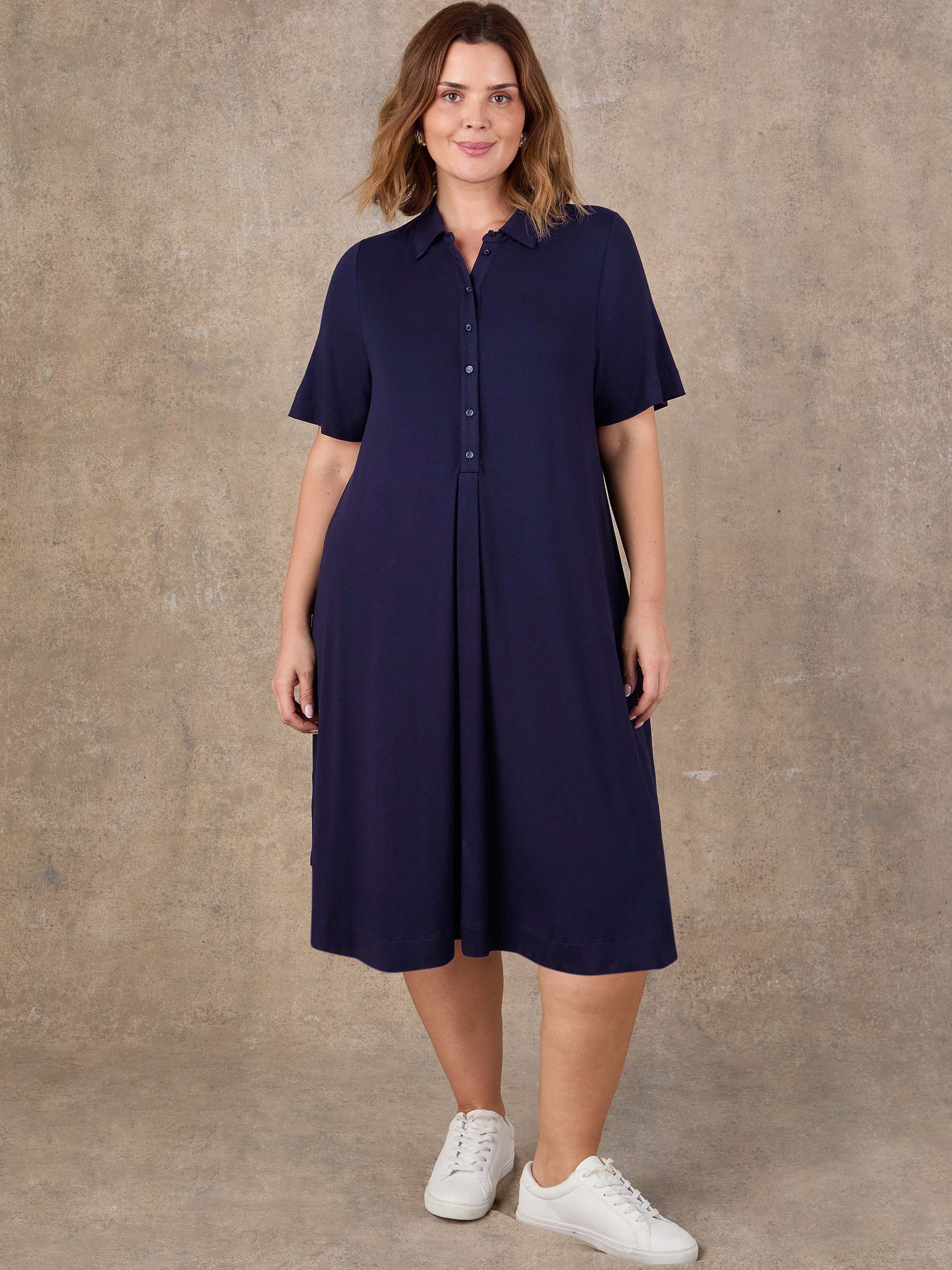 Navy midi shirt dress with half placket and box pleat detail
