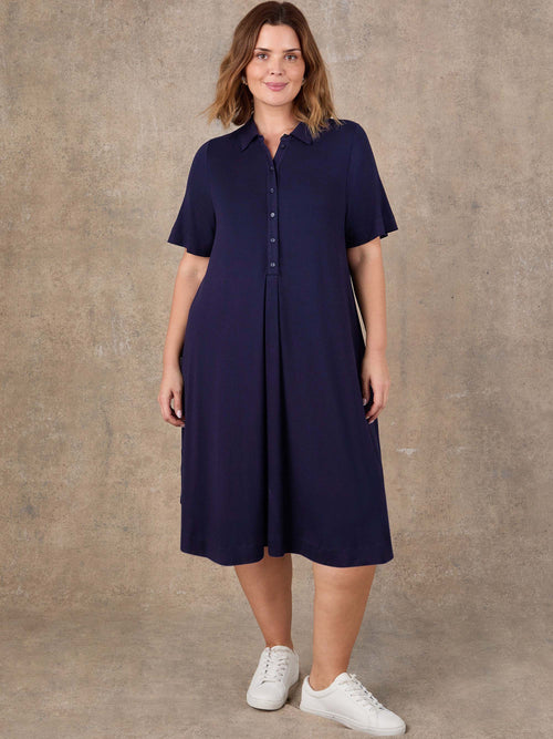 Navy midi shirt dress with half placket and box pleat detail