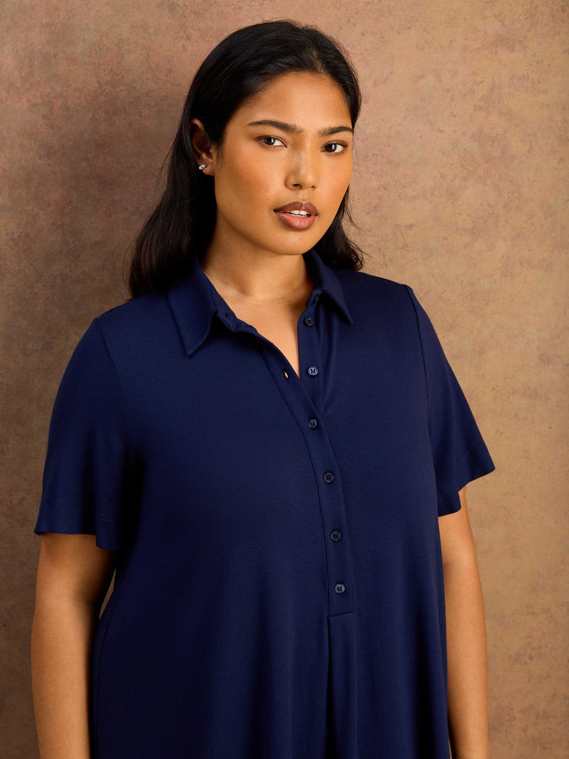 Navy Half Placket Jersey Midi Shirt Dress