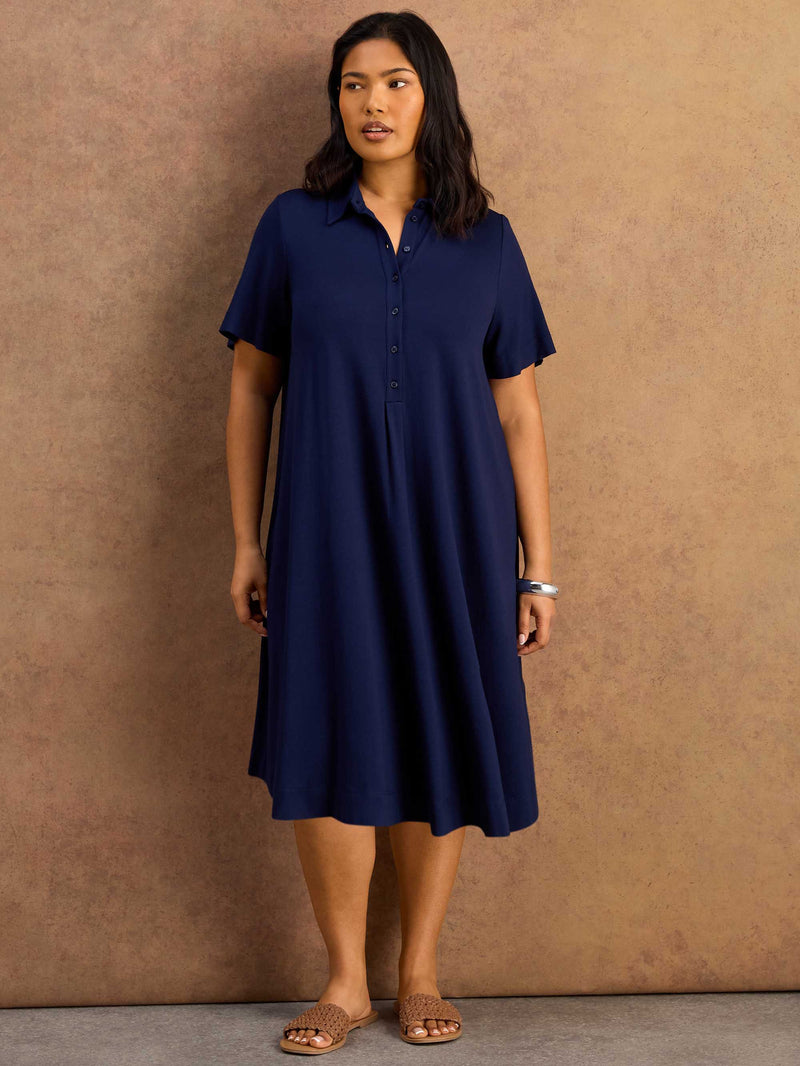Navy Half Placket Jersey Midi Shirt Dress