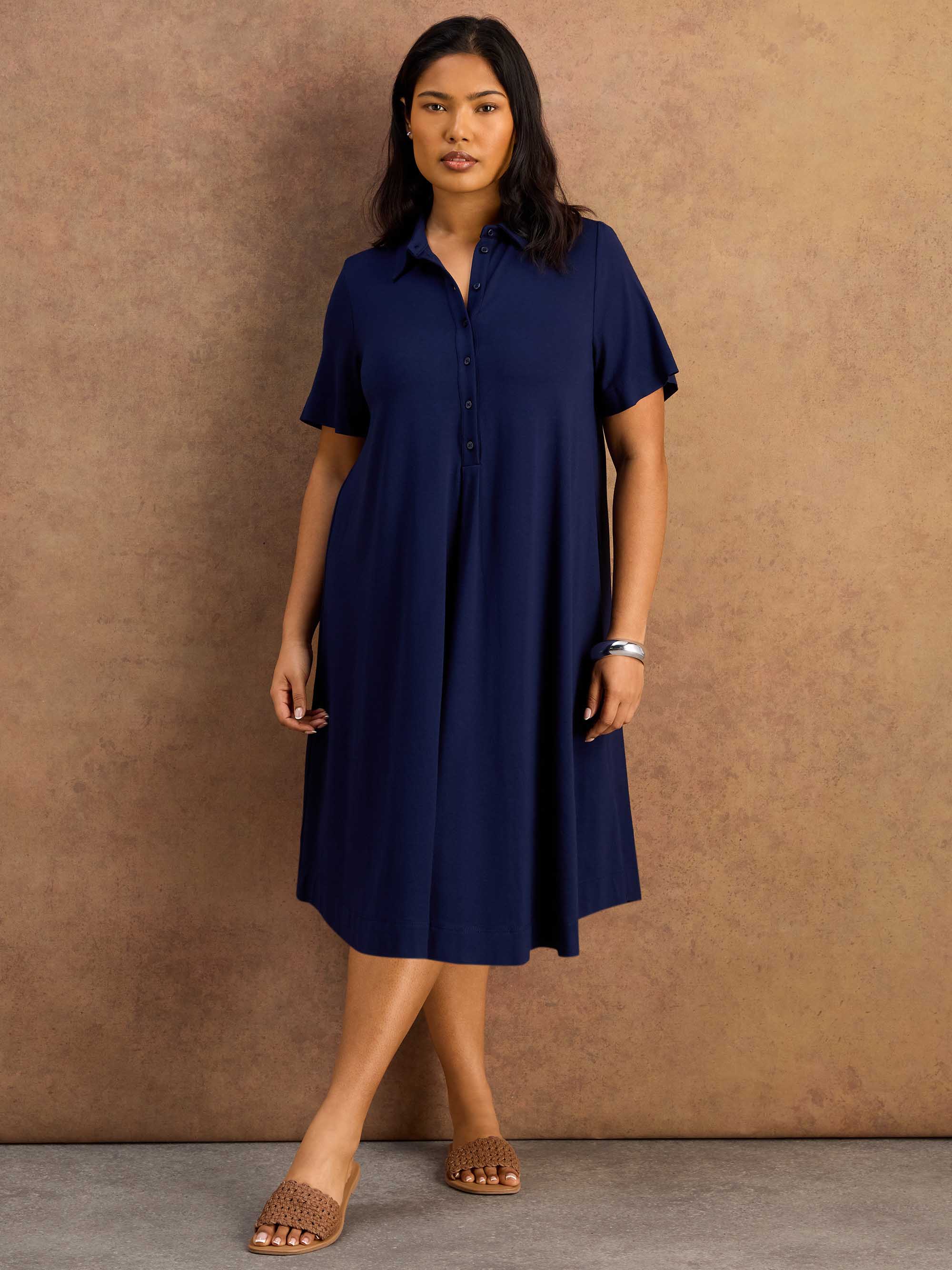 Navy Half Placket Jersey Midi Shirt Dress