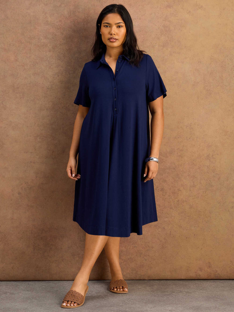 Navy Half Placket Jersey Midi Shirt Dress