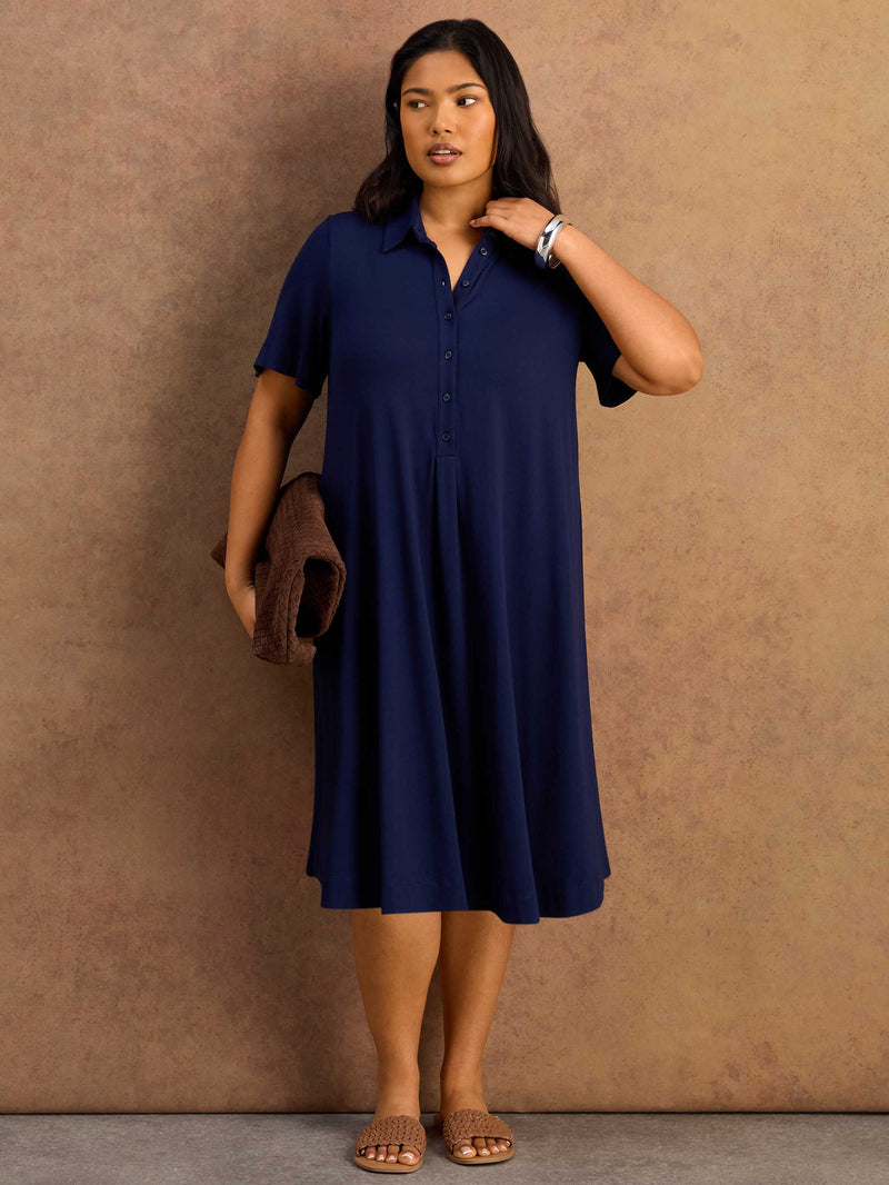Navy Half Placket Jersey Midi Shirt Dress