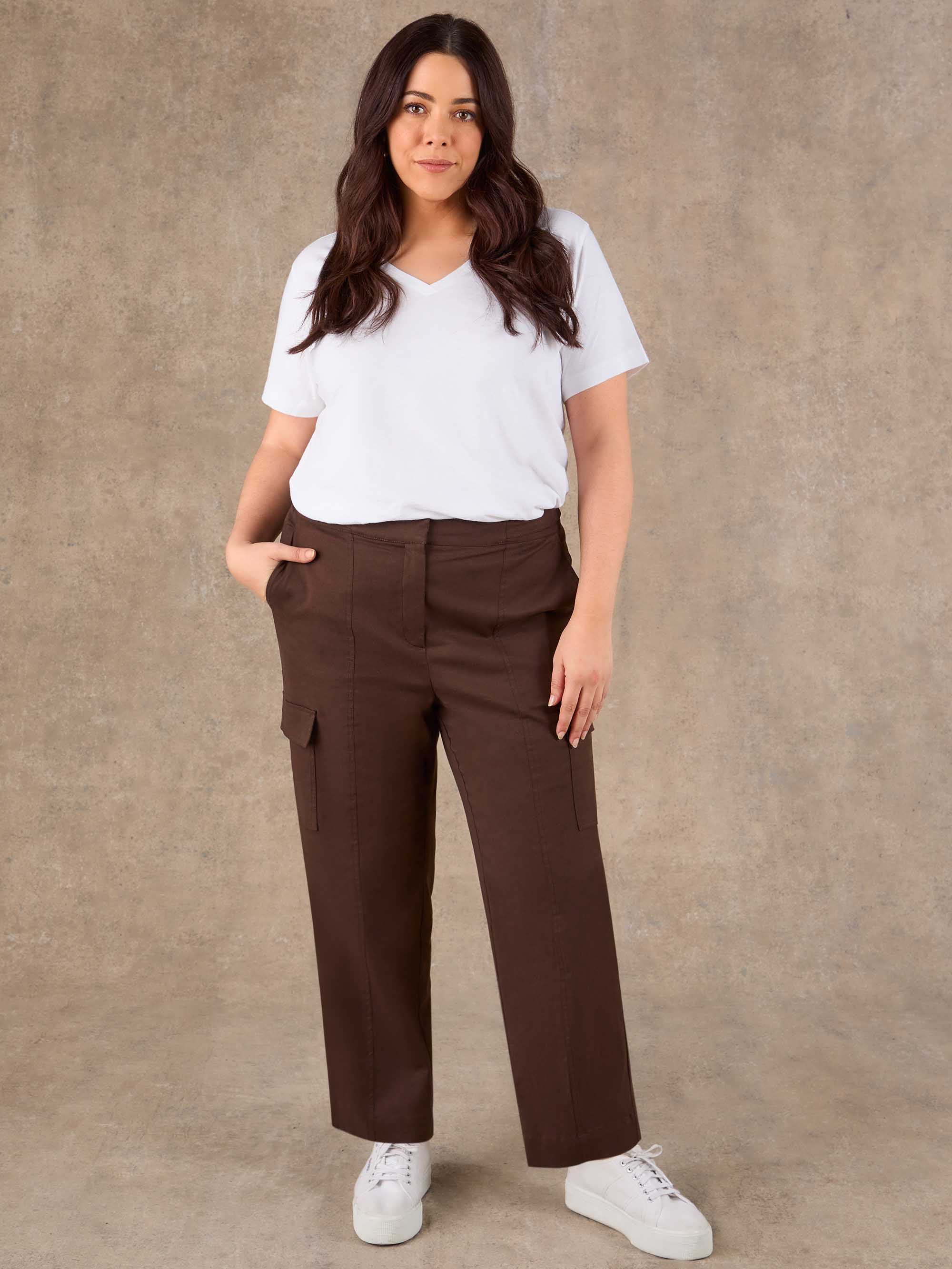 Plus size brown utility straight leg trousers with box pleat cargo pockets
