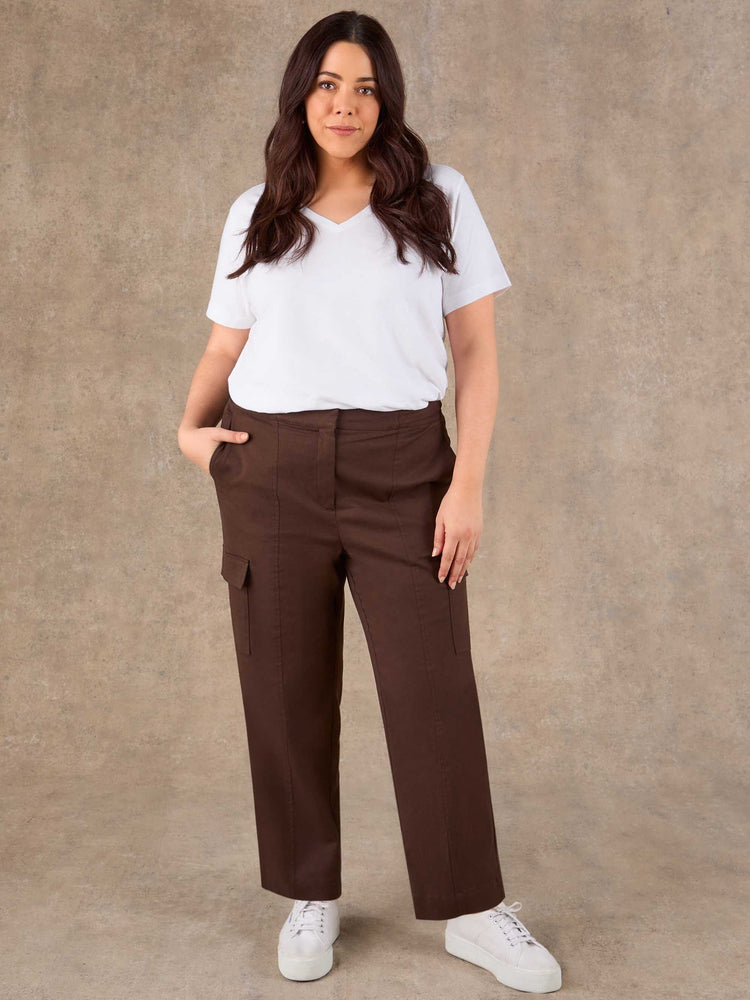 Plus size brown utility straight leg trousers with box pleat cargo pockets
