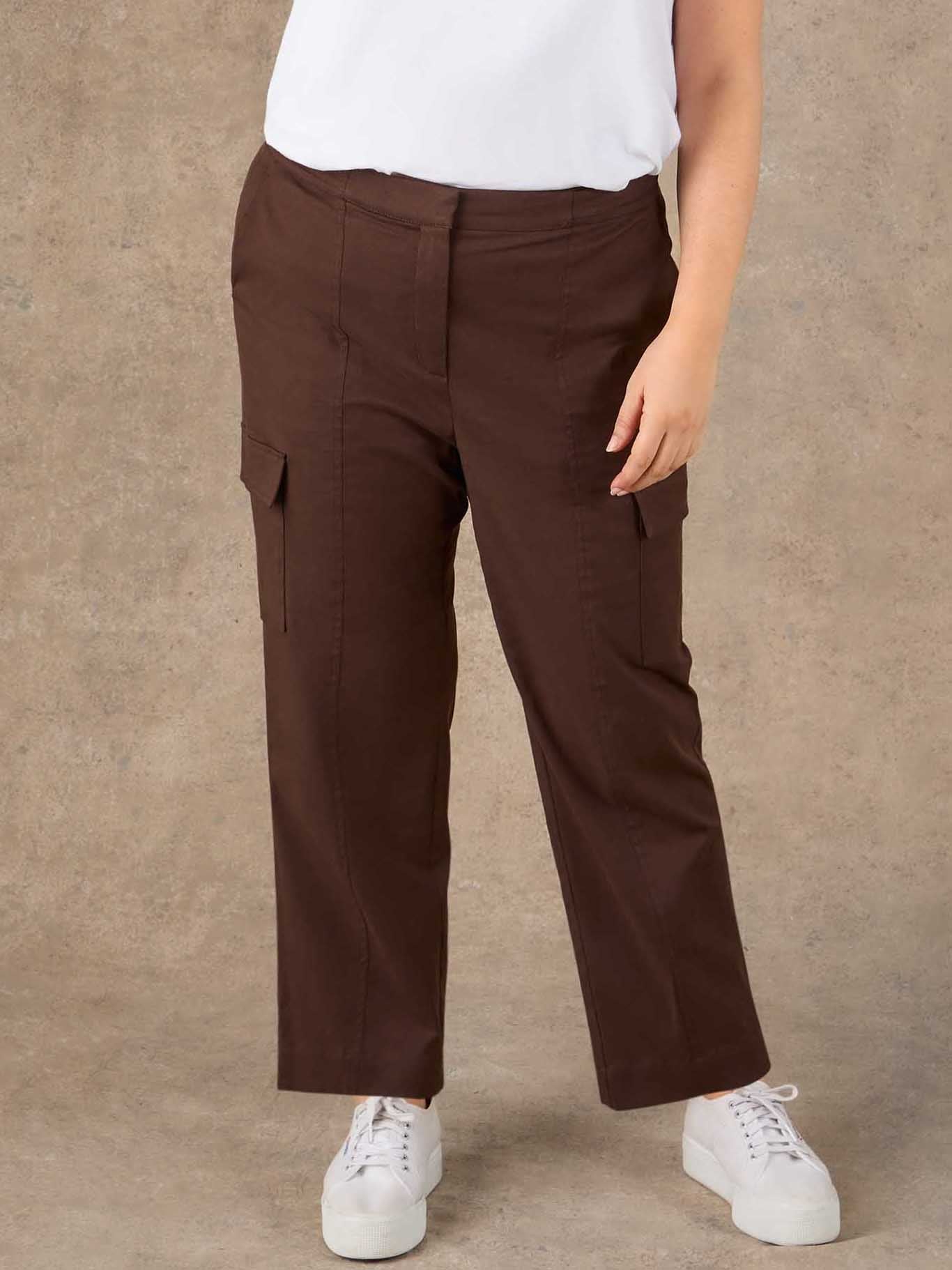 Curve brown straight leg utility trousers with fly front and hook fastening