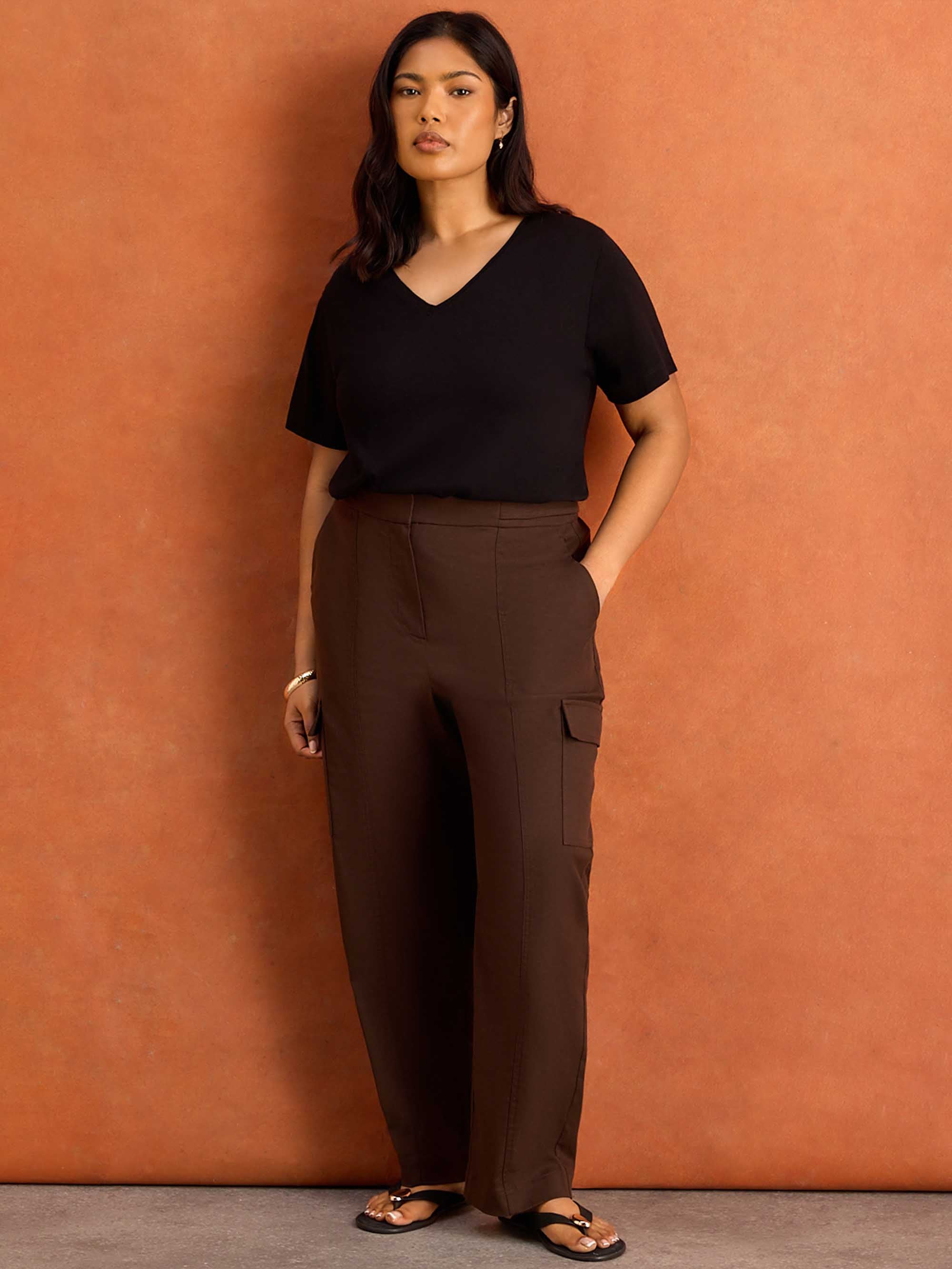 Brown Utility Trousers With Pockets Cotton Lyocell Blend, Curve Plus Size Clothing