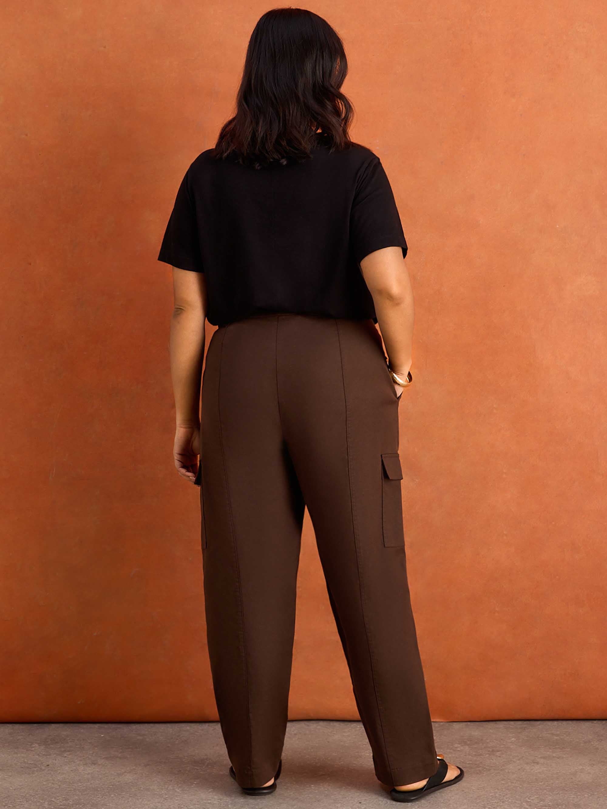 Brown Utility Trousers With Pockets Cotton Lyocell Blend, Curve Plus Size Clothing