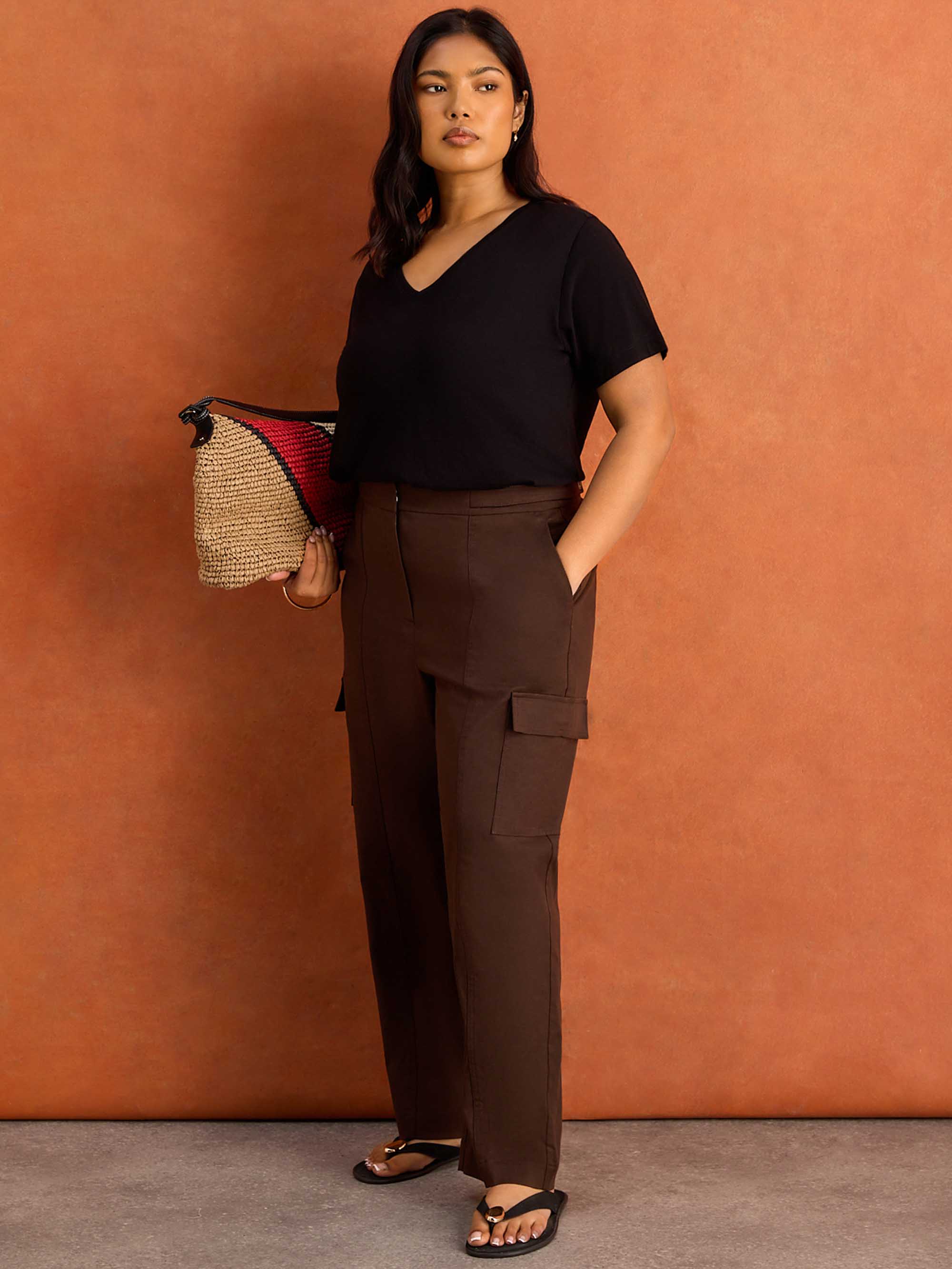 Brown Utility Trousers With Pockets Cotton Lyocell Blend, Curve Plus Size Clothing