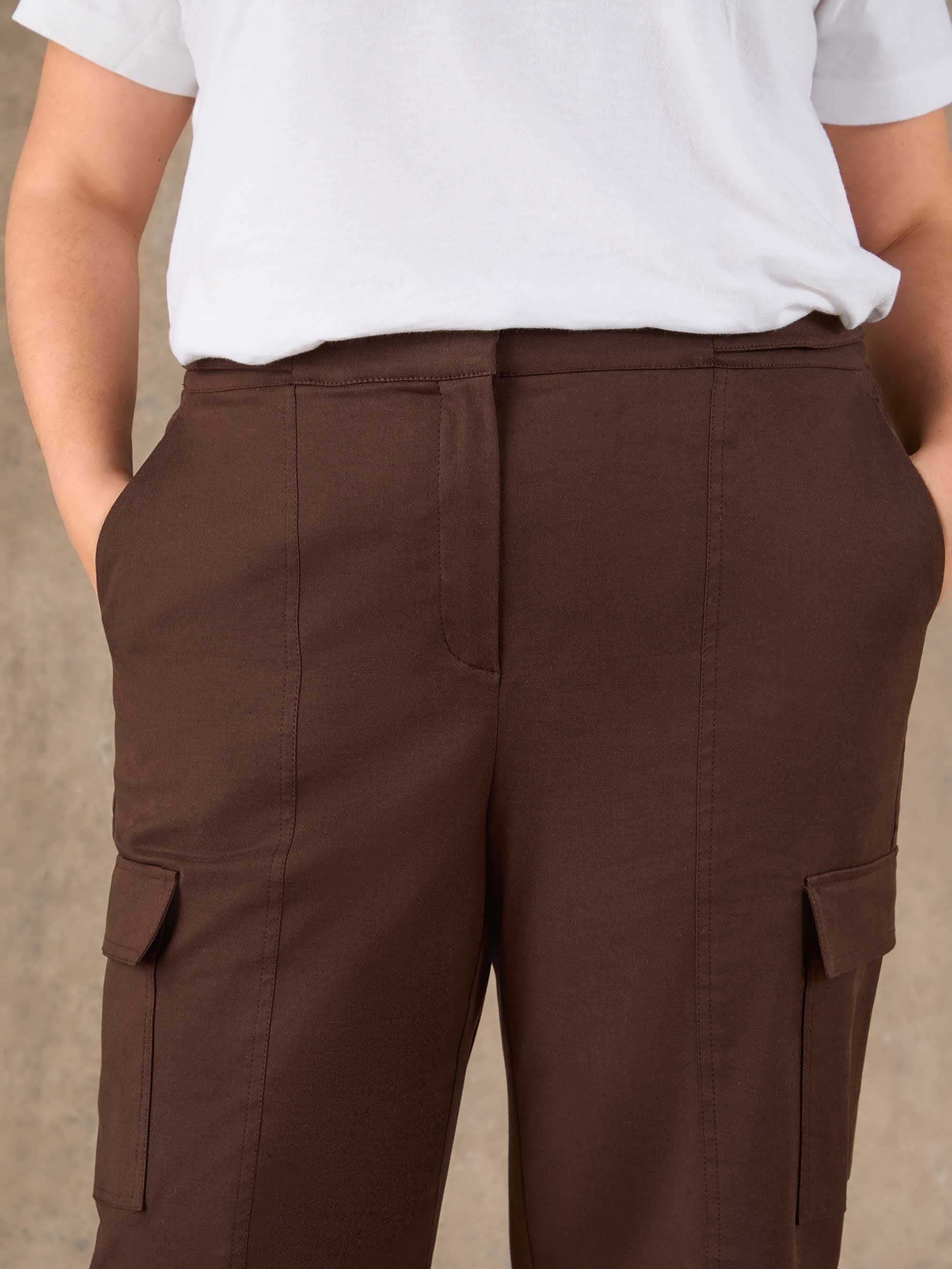 Curve brown cargo style straight leg trousers with adjustable waist detail