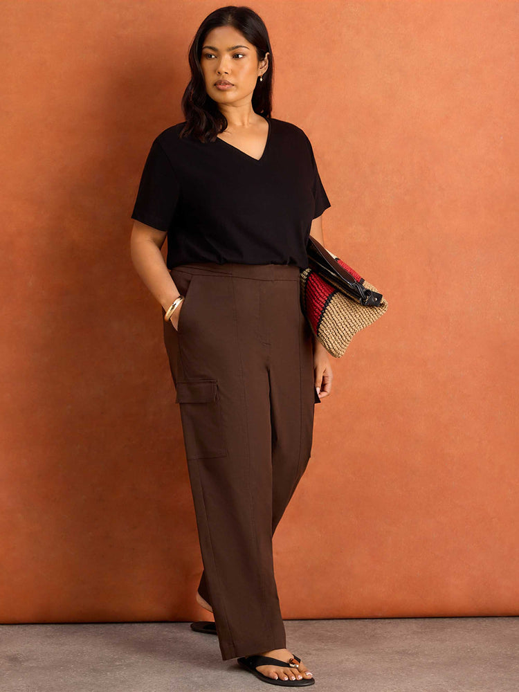 Brown Utility Trousers With Pockets Cotton Lyocell Blend, Curve Plus Size Clothing
