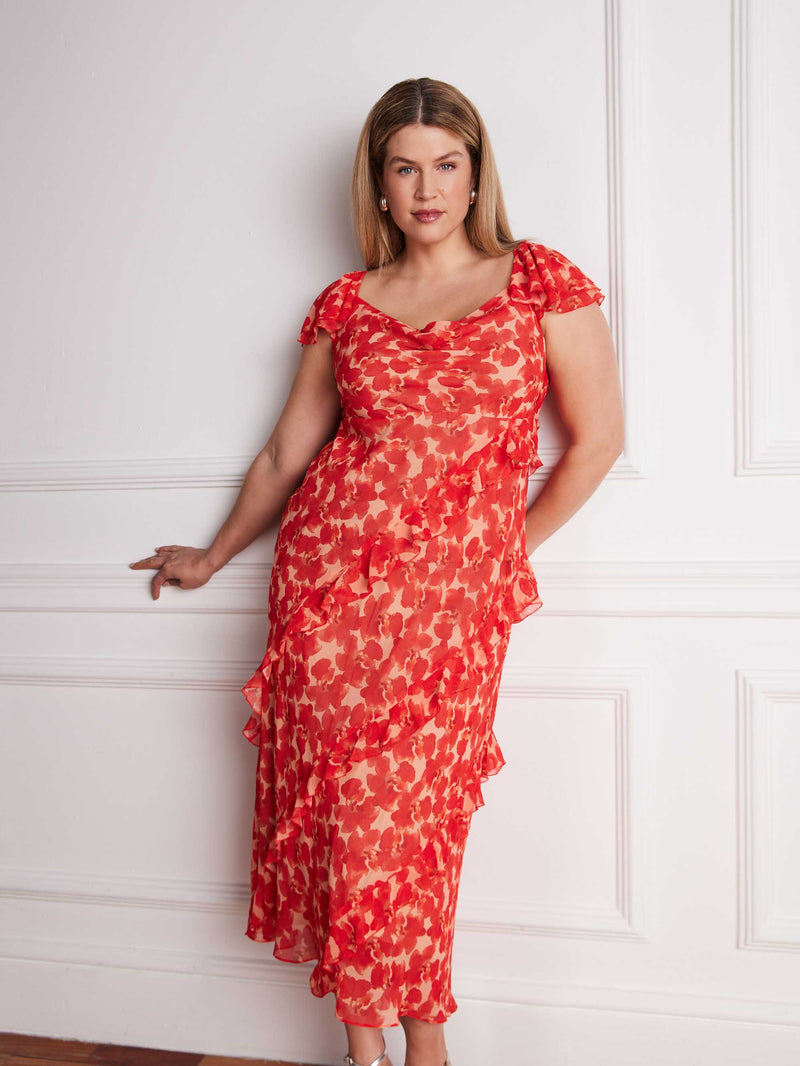 Plus size red floral ruffle sleeve maxi dress with cowl neckline for occasionwear
