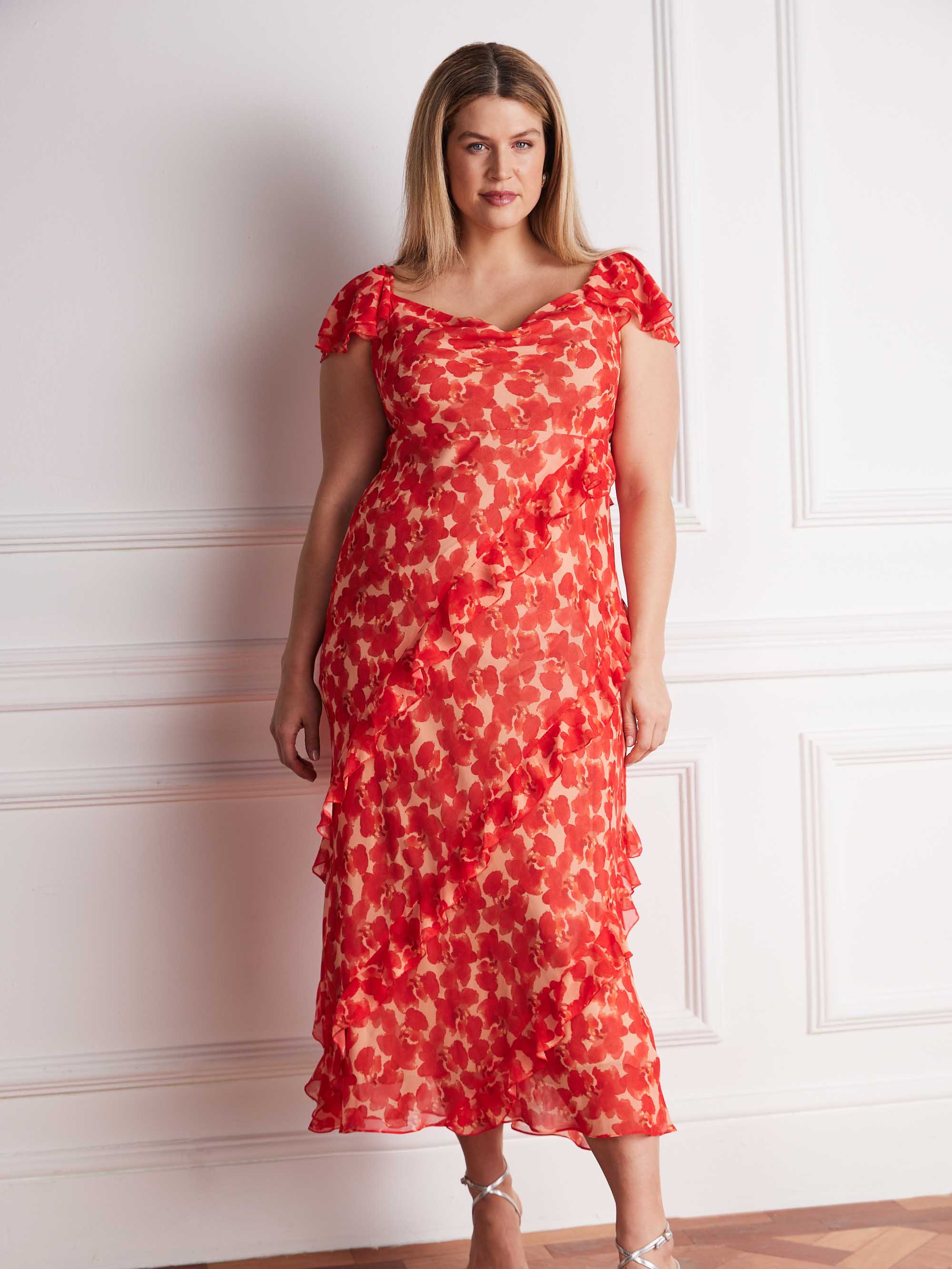 Curve red floral bias cut maxi dress with flutter sleeves and cascading ruffle detail