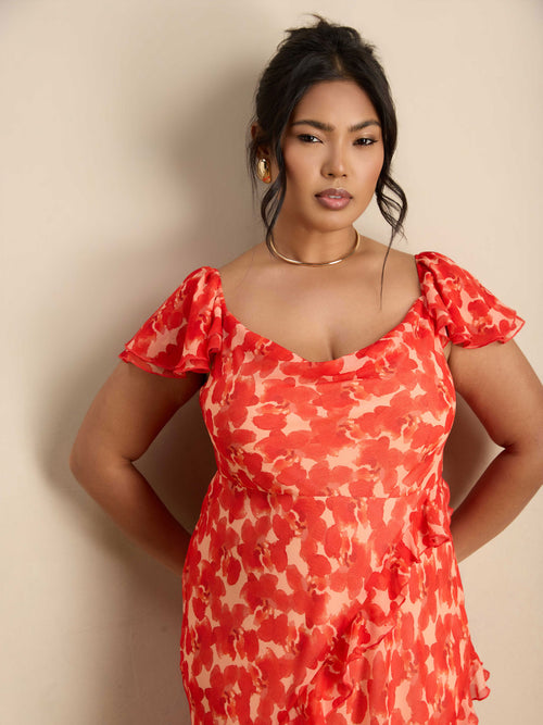 Red Floral Ruffle Sleeve Maxi Dress