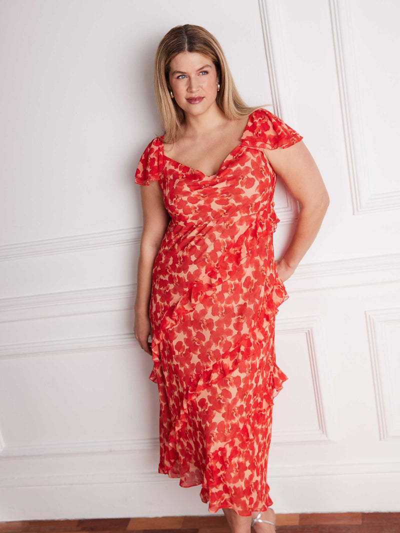 Plus size red floral maxi dress with soft cowl neck and layered ruffle skirt