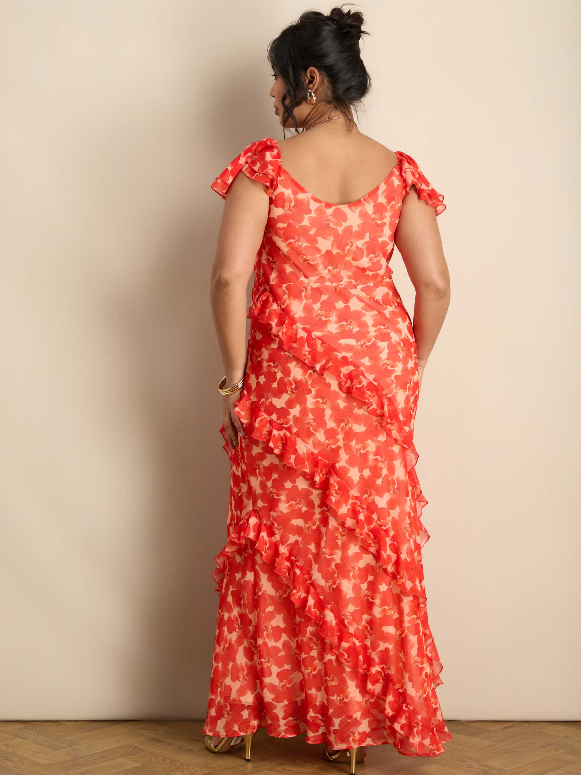 Red Floral Ruffle Sleeve Maxi Dress