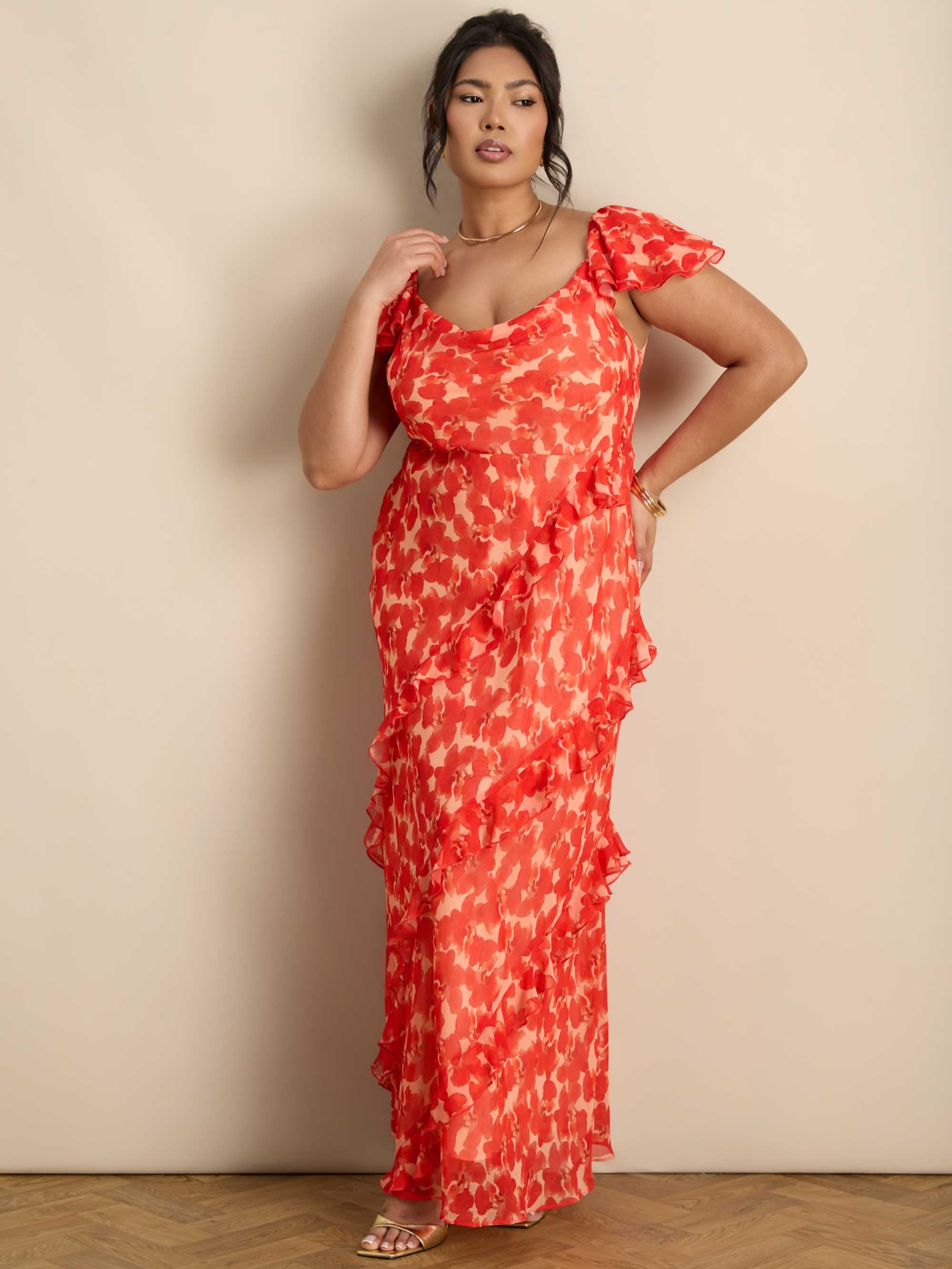 Red Floral Ruffle Sleeve Maxi Dress