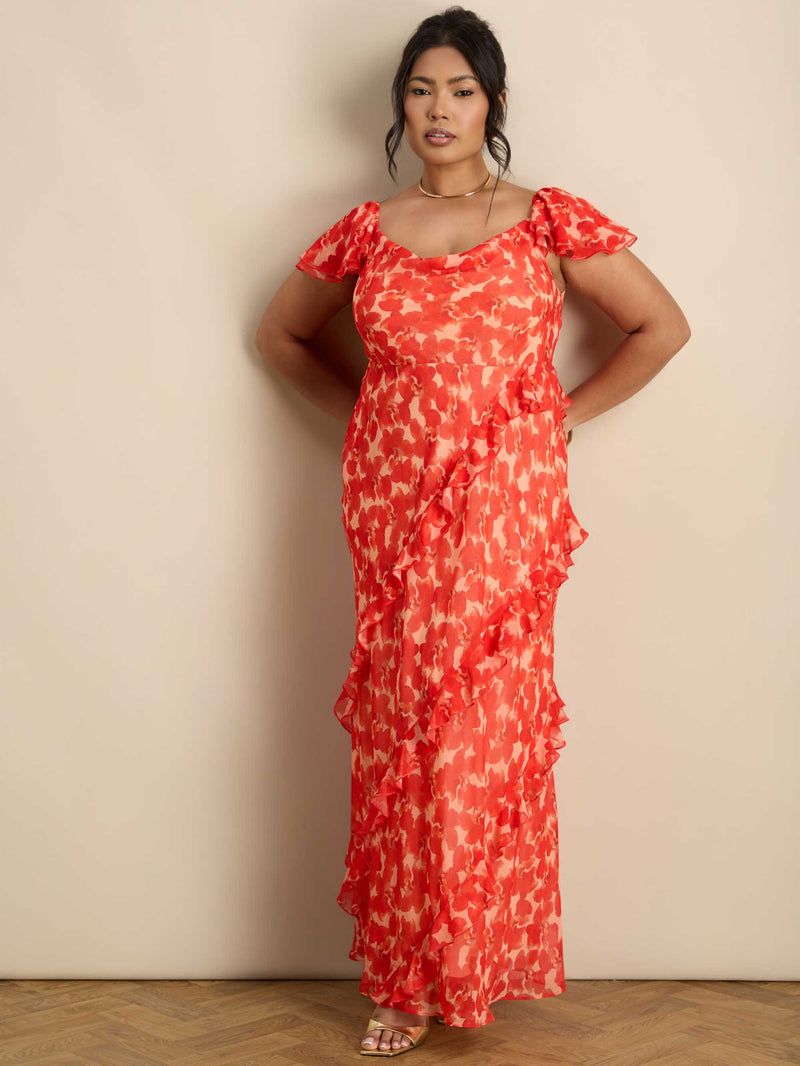 Red Floral Ruffle Sleeve Maxi Dress